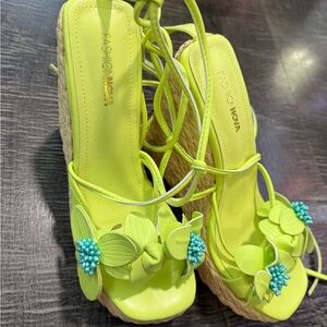 Fashion Nova Bright Green Floral Wedges